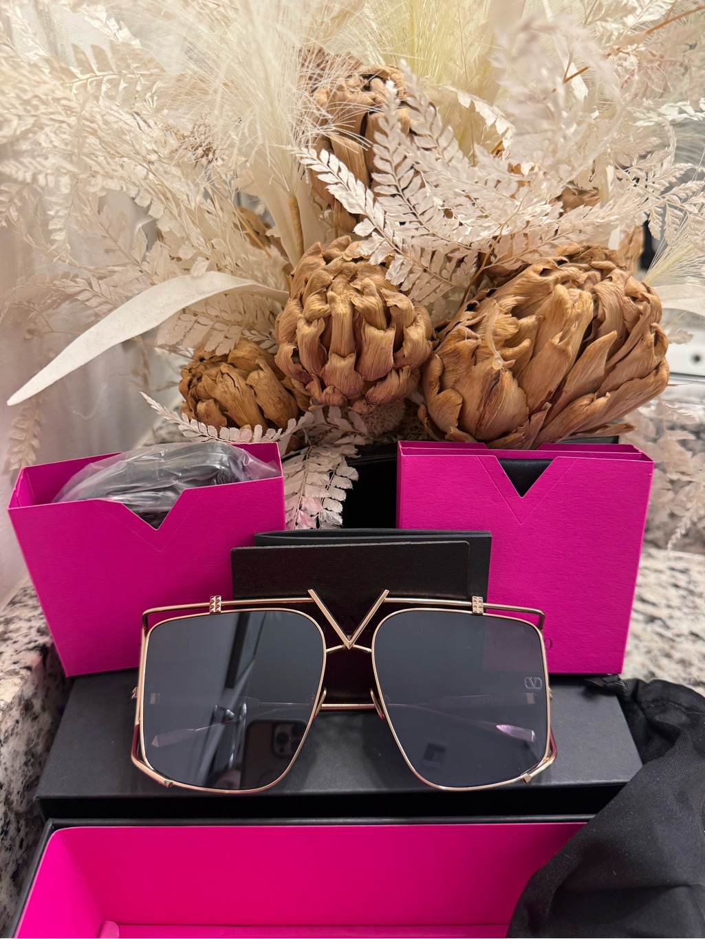 Valentino Garavani Gold Metal V-Light Sunglasses